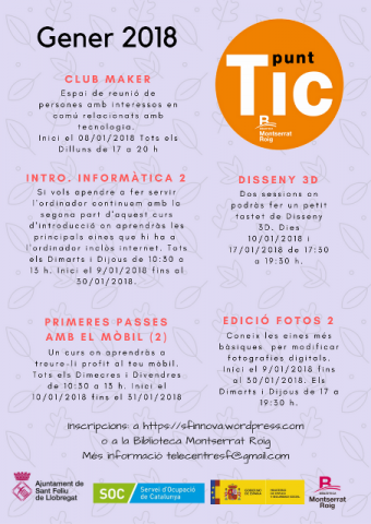 Cartell dels cursos del Punt TIC Biblioteca Montserrat Roig de Sant Feliu de Llobregat 