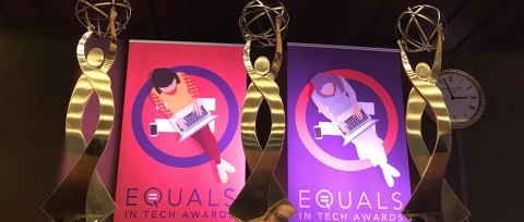 Trophies and posters of the EQUALS in Tech Awards
