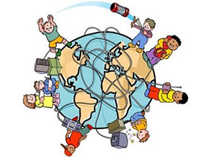Dibuix de nens i nenes jugant al voltant del planeta Terra