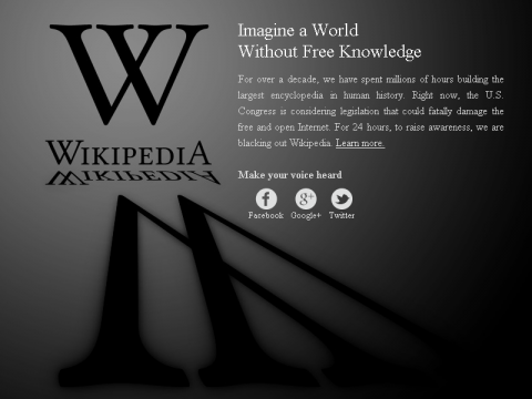 Portada de la Wikipedia en anglès el 18 de gener de 2012 per la mobilització contra SOPA